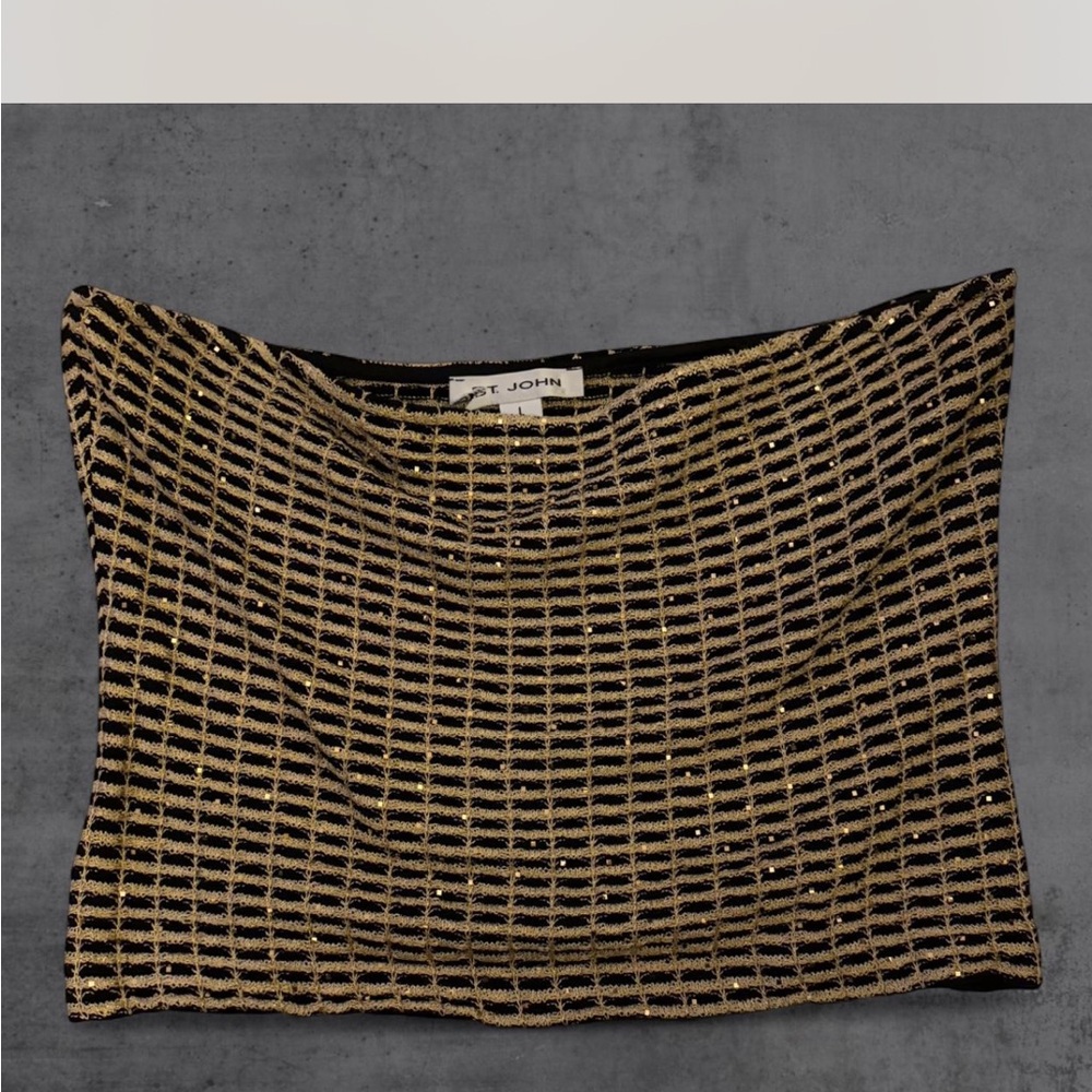 Vintage Designer St. John Gold Metallic Knit Sequin Strapless Tube Top